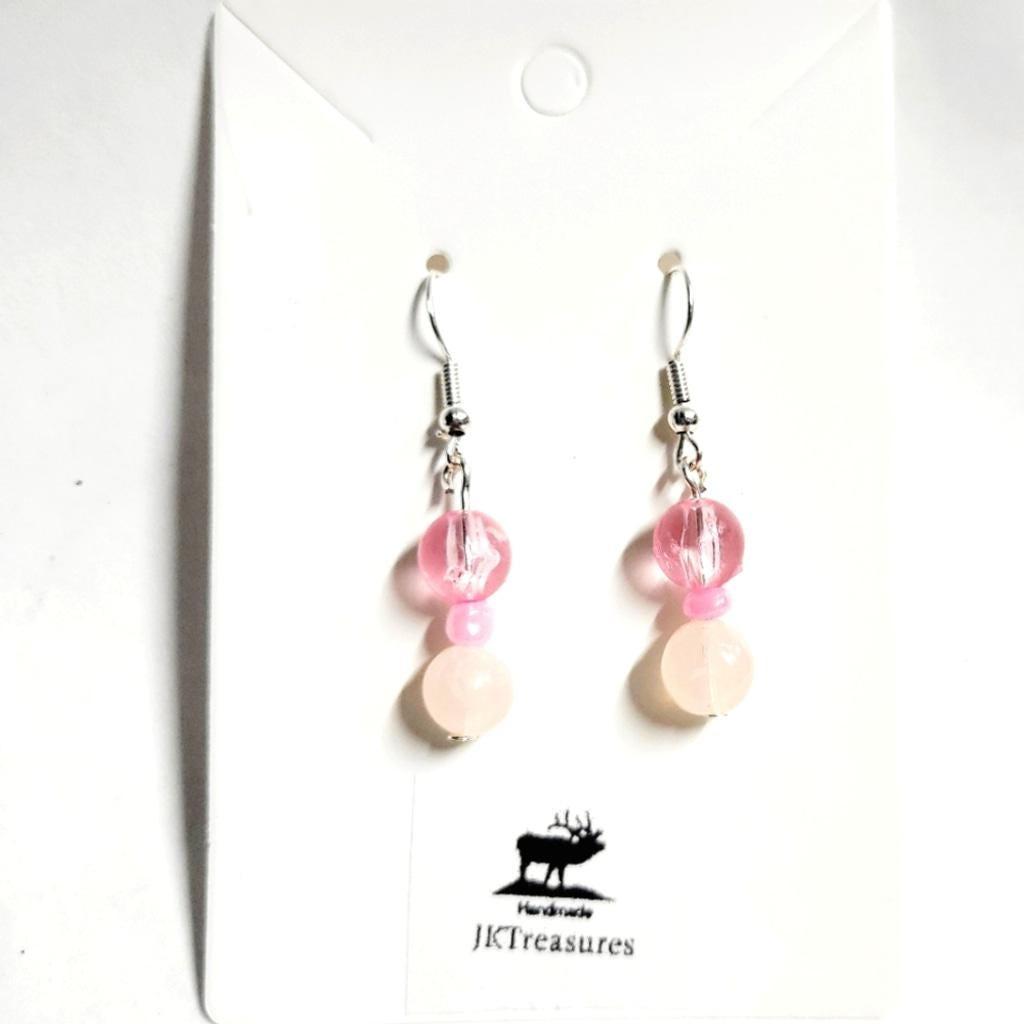 Hand crafted natural rose quartz crystal bead and pink glass bead dangle earrings