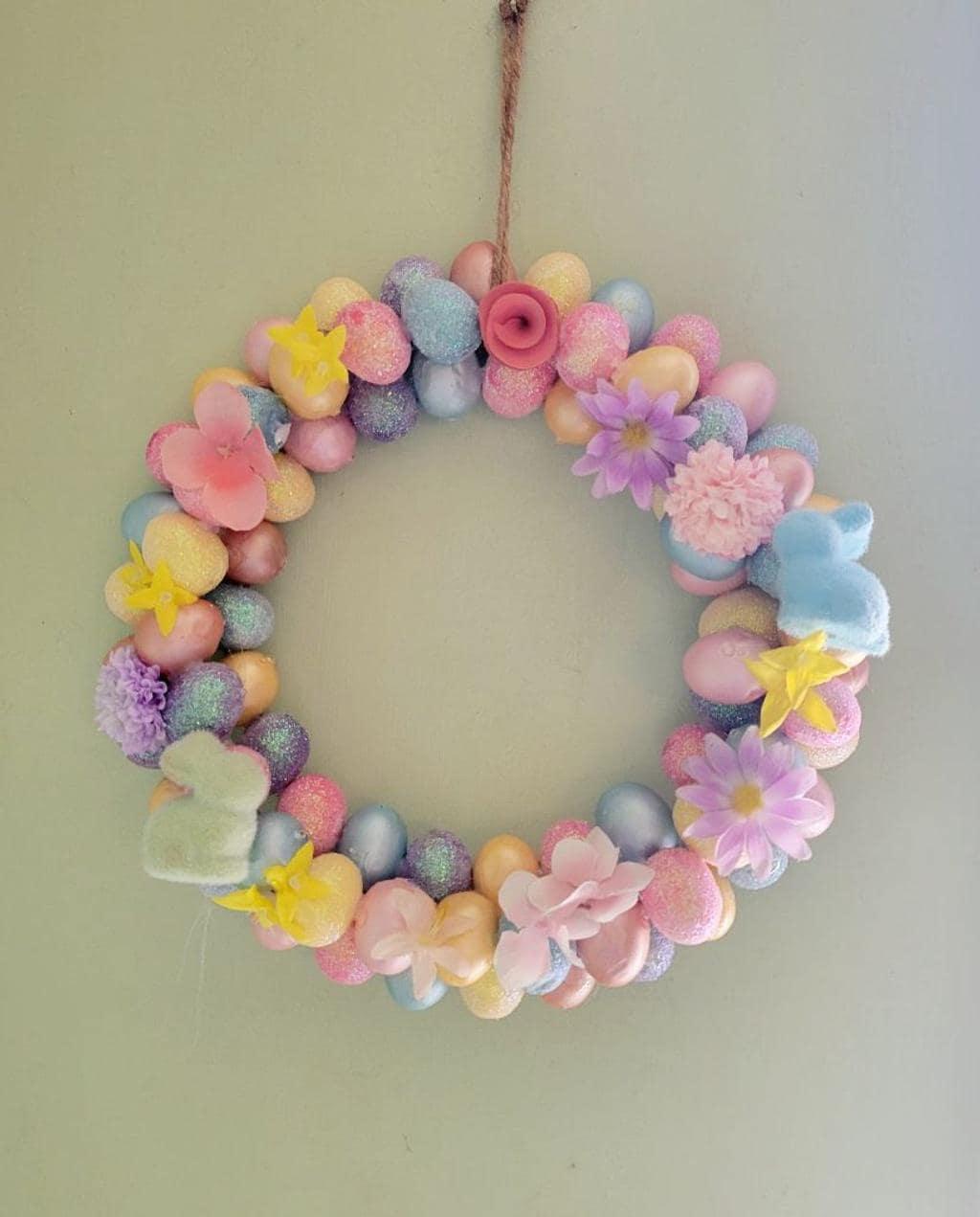 Handmade 12" Easter Spring wreath with artificial eggs, flowers & rabbits