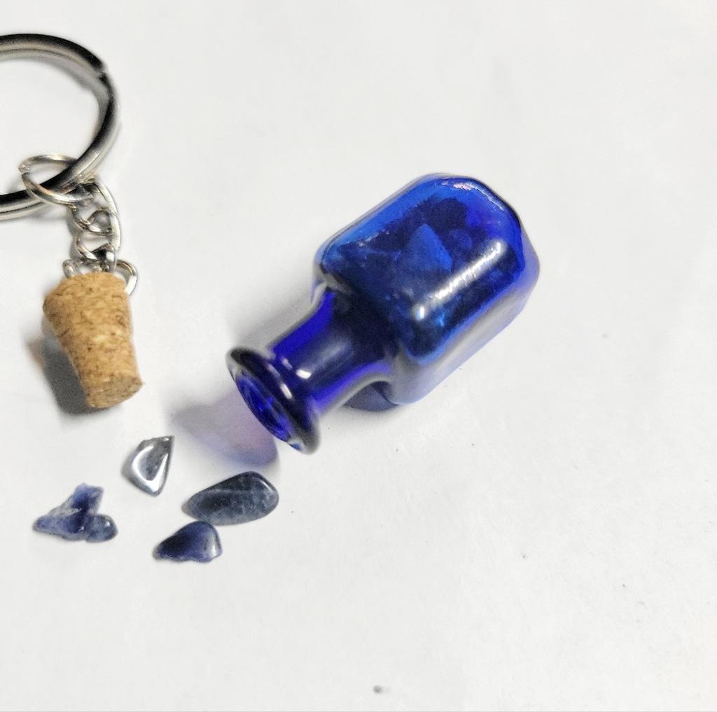 Hand crafted natural blue vein crystal mini wish bottle pendant keychain