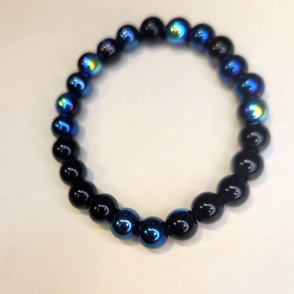 Black Aurora Borealis Glass Beaded Bracelet 8mm 6.5-inch