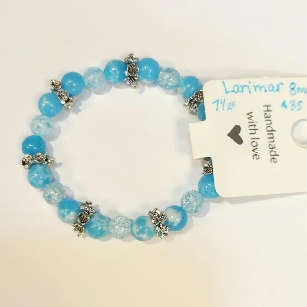 Rare Natural Crystal Larimar Beaded Bracelet 7.5"