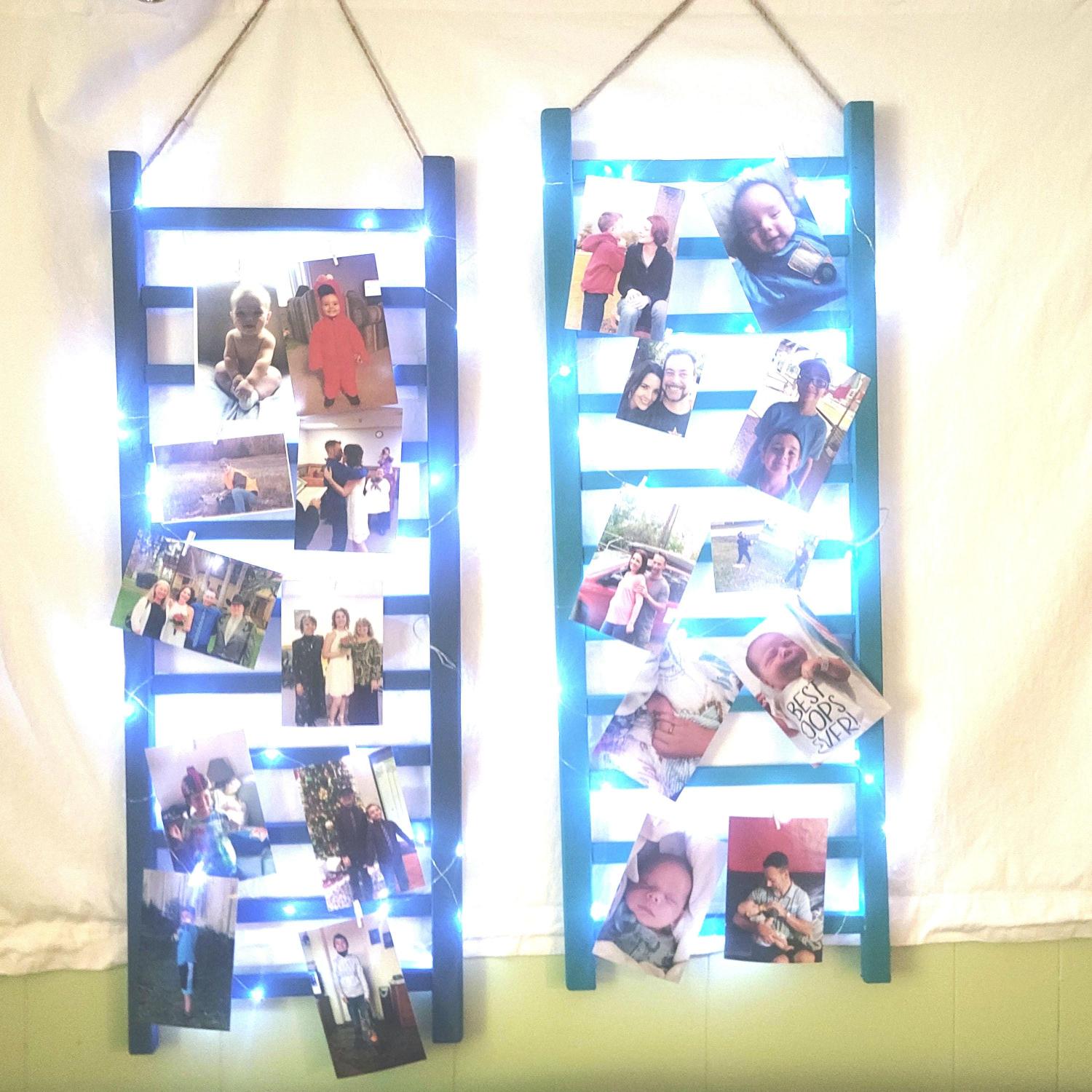 Repurposed Wood Ladder Photo Display: Vintage Crib Frame with Fairy Lights