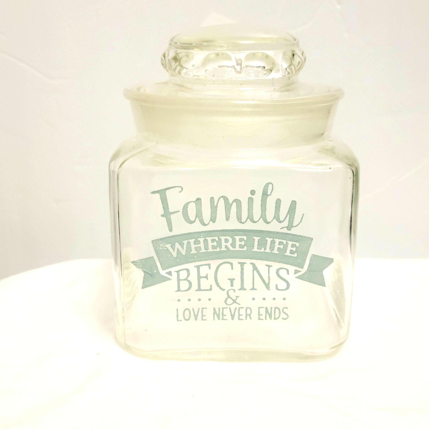 Decorative Family Quote handpainted lidded glass jar home decor canister