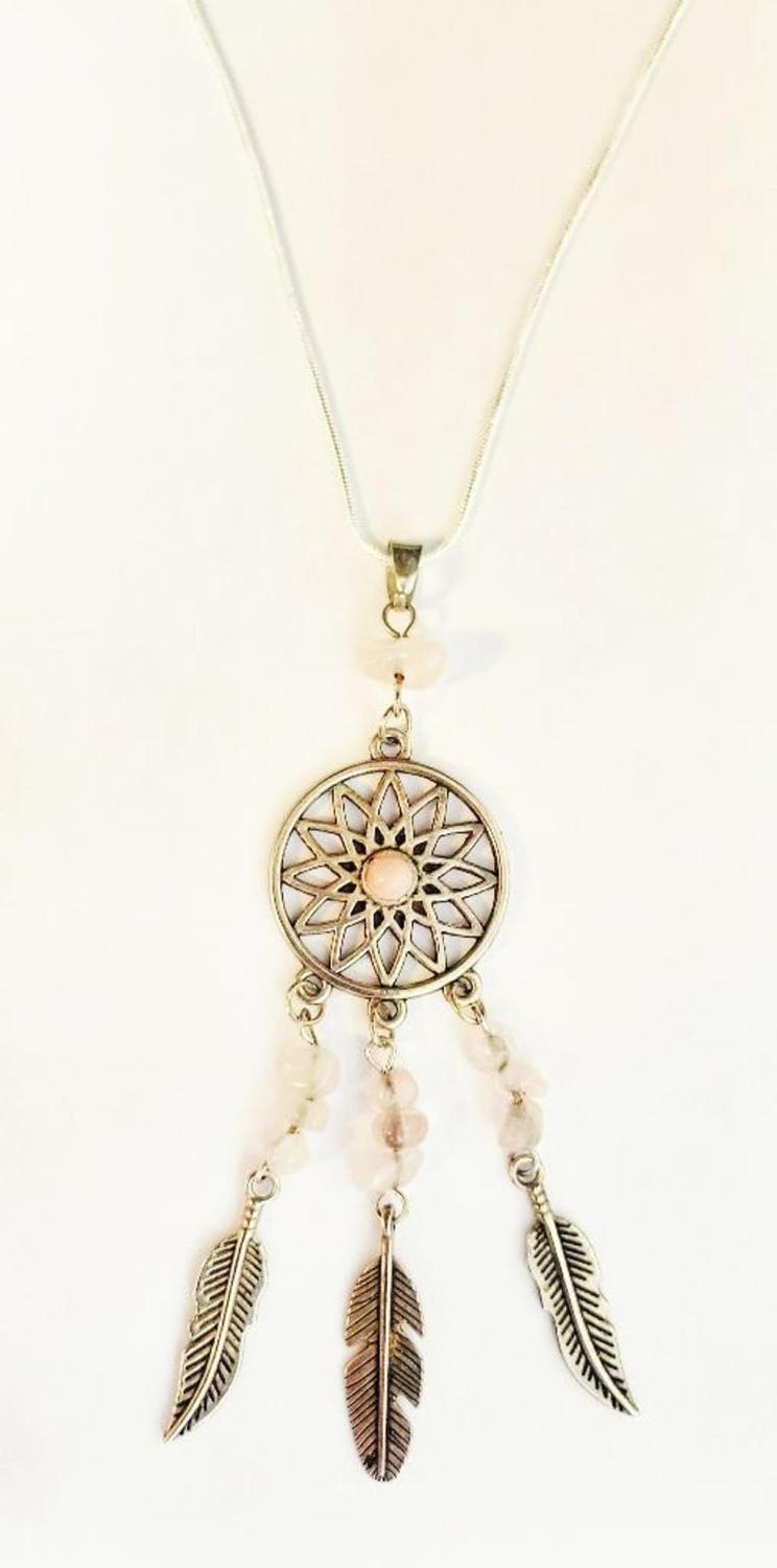 Dream catcher Rose Quartz pendant 925 sterling silver necklace